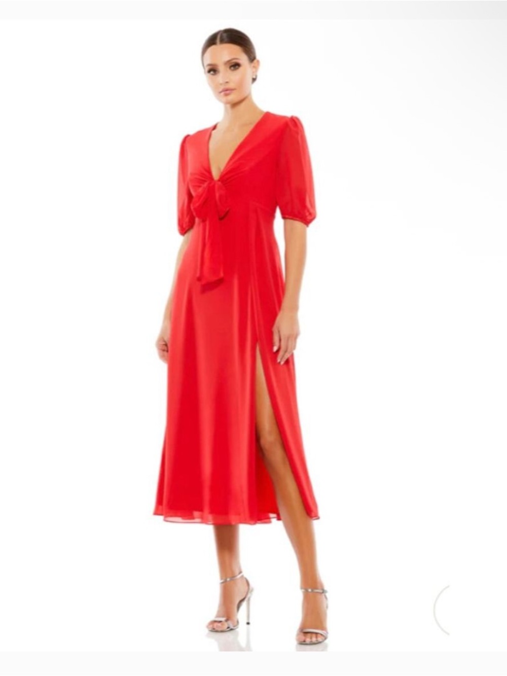 Mac Duggal Red Bow V Front Midi Side slit Dress Size 12